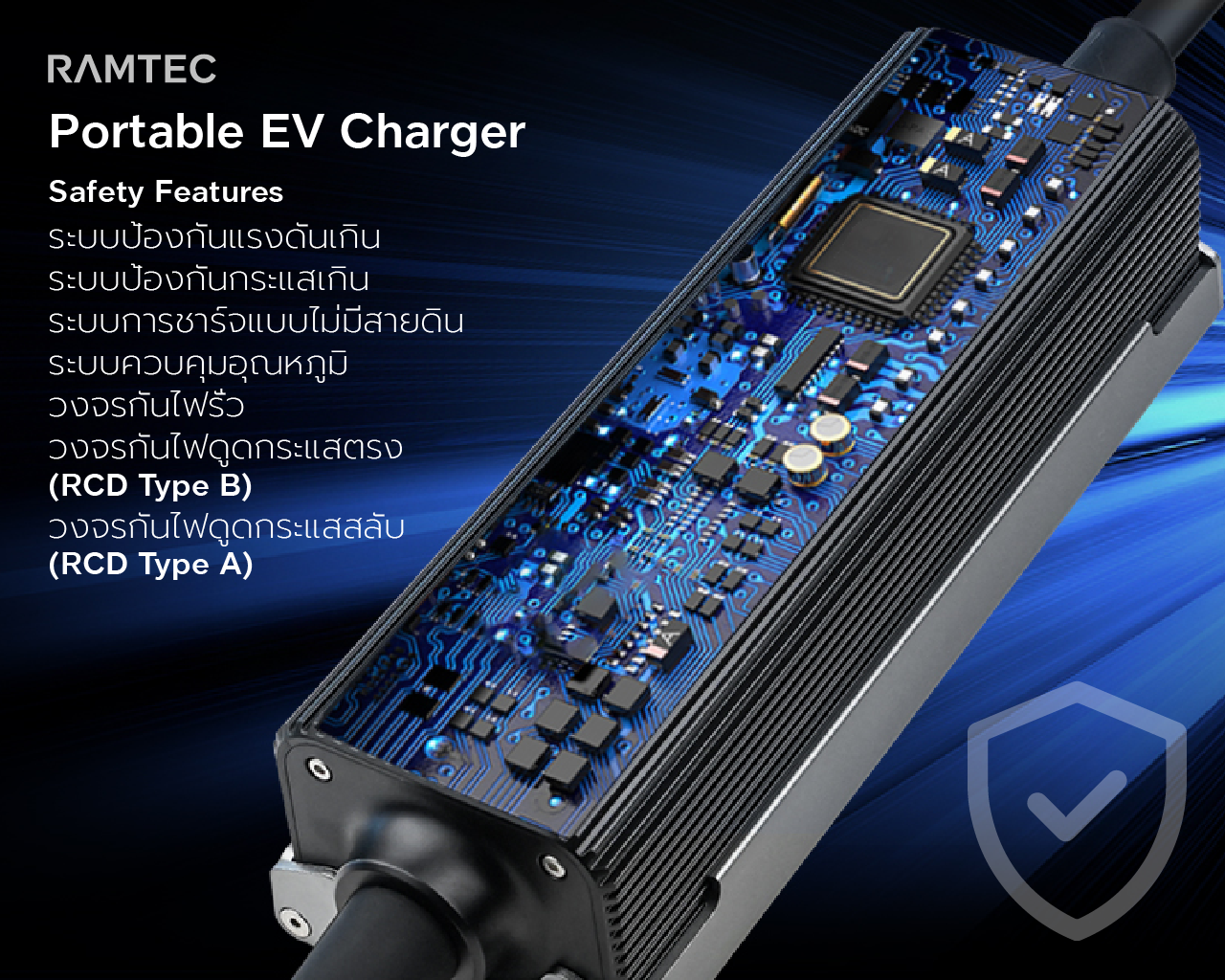 RAMTEC Portable Charger 16kW เครื่องชาร์จรถ EV/PHEV พกพา 16kW รับกระแส 32A ถึง 8A ใช้ไฟบ้าน 1เฟส และ 3เฟส